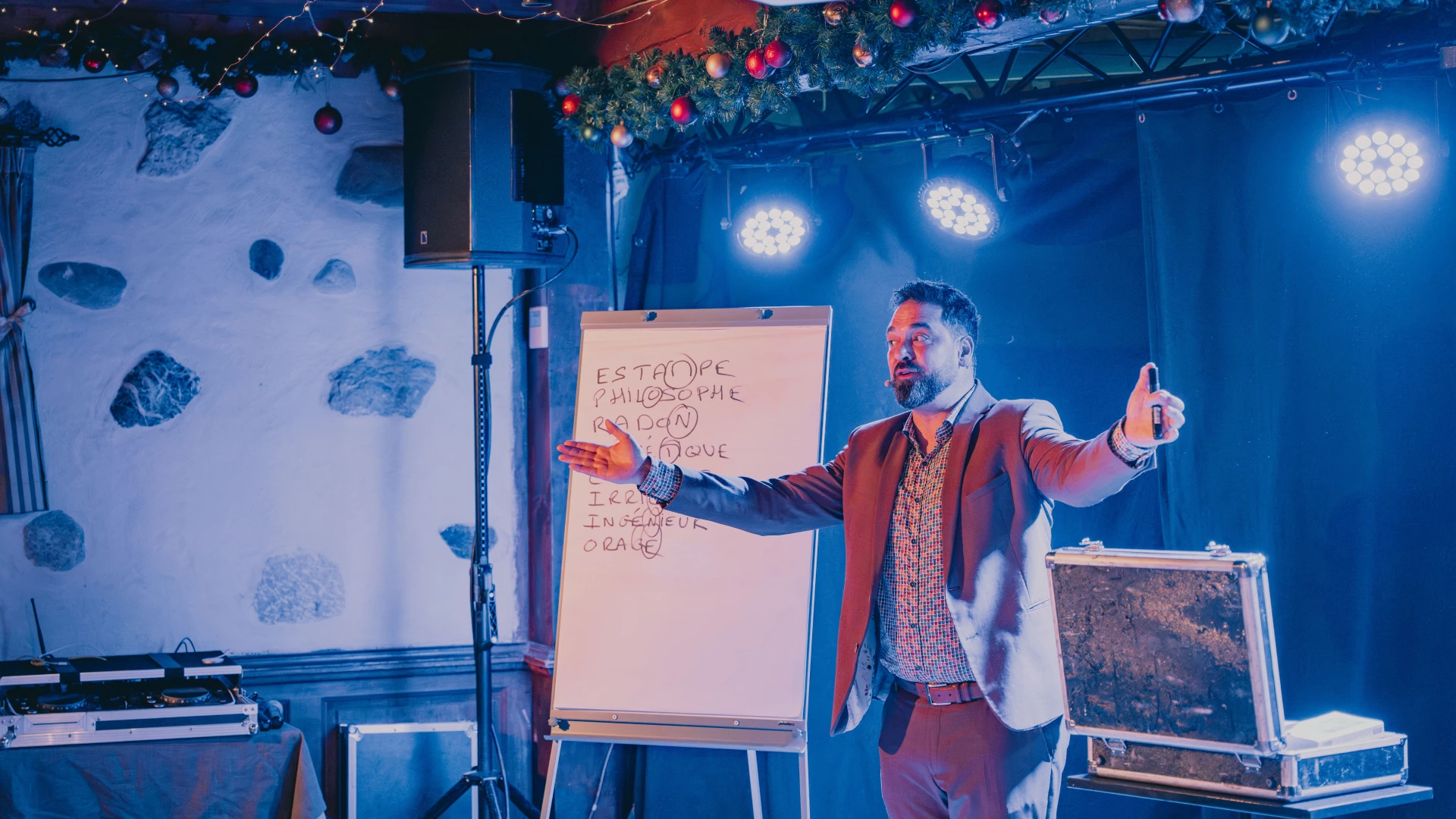 Harry Covert performs a mentalism act at a company Christmas party